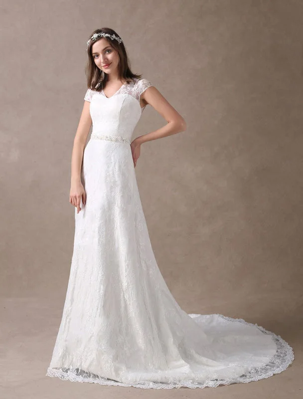 Illusion Neckline Dress Lace Wedding Dresses Ivory V Neck Chiffon Beading Sash Cap Sleeve Bridal Dress With Train Exclusive Illusion Neckline Dress Lace Wedding Dresses Ivory V Neck Chiffon Beading Sash Cap Sleeve Bridal Dress With Train Exclusive