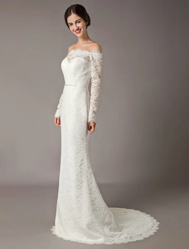 Long Sleeve Dress Lace Wedding Dresses Off The Shoulder Long Sleeve Beaded Sash Bridal Gowns With Train Long Sleeve Dress Lace Wedding Dresses Off The Shoulder Long Sleeve Beaded Sash Bridal Gowns With Train