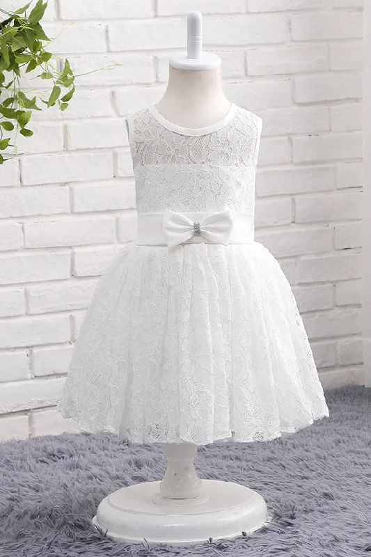 Brocade Formal Dress Lace White Flower Girl Dress with Bow