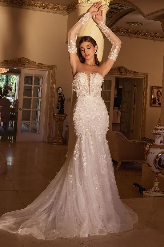 High-Low Dress Ladivine CD977W Long Sleeve Lace Fit & Flare Wedding Dress V Neck Bridal Gown High-Low Dress Ladivine CD977W Long Sleeve Lace Fit & Flare Wedding Dress V Neck Bridal Gown