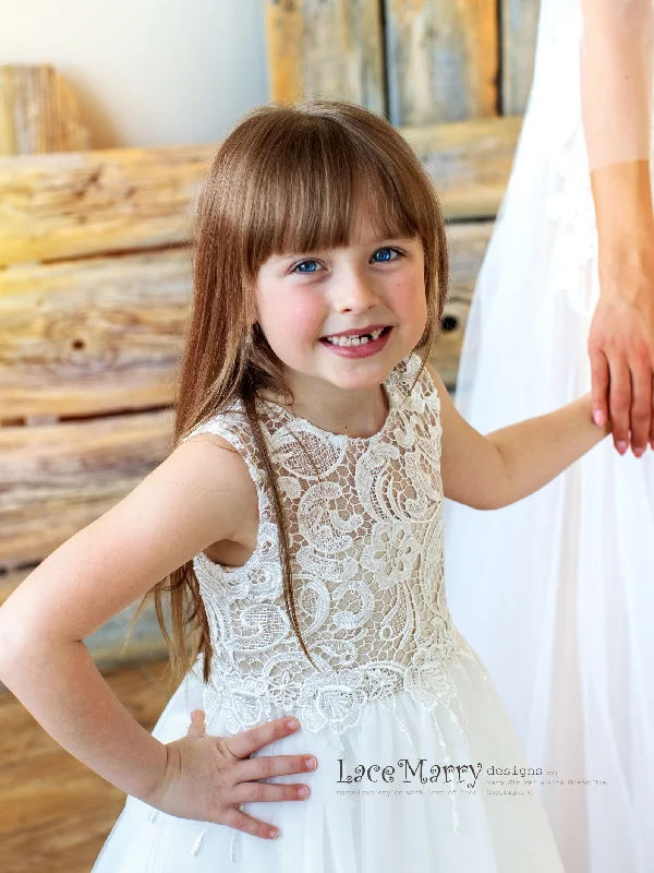 Party Dress LANA / Trendy Ivory And Champagne Rustic Flower Girl Dress
