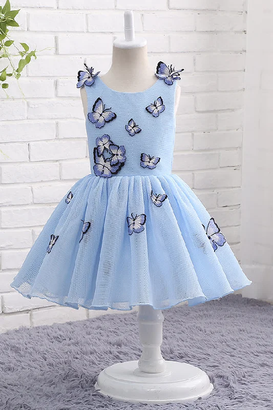 Delicate Lace Dress Light Blue Short Flower Girl Dress with Butterfly Applique