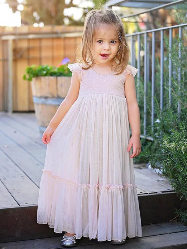 V-Neck Dress Light Pink Kids Party Dresses Sleeveless A-Line Lace Flower Girl Dresses