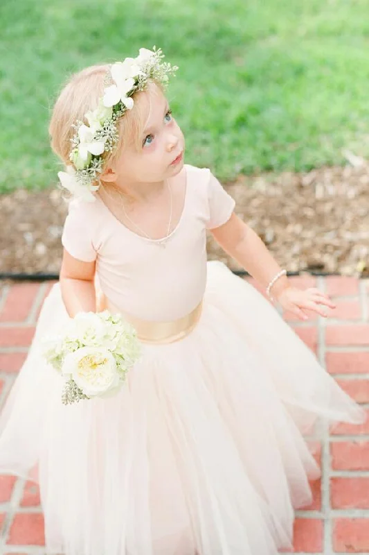 Backless Dress Light Pink Tulle Skirt Flower Girl Dresses with Sleeves