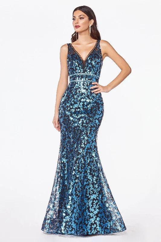 Elegant Evening Dress Cinderella Divine CM9171 Long Formal Metallic Sequin Print Evening Prom Gown