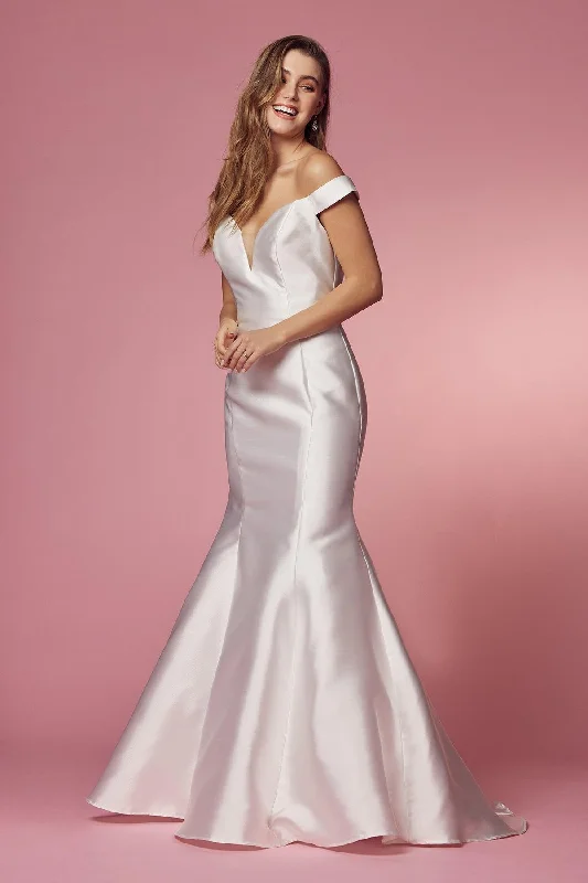 Draped Satin Gown Long Off Shoulder Mermaid Wedding Dress