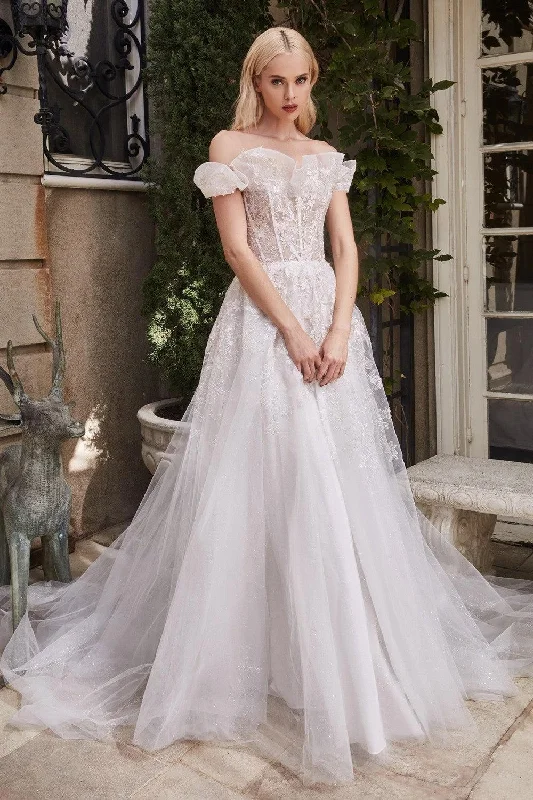 Off-White Gown Cinderella Divine A1090 Long Off Shoulder Wedding Dress