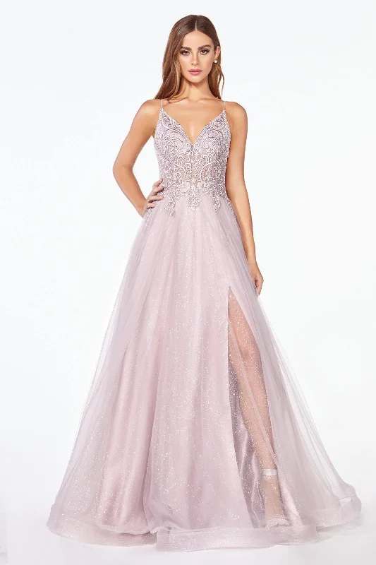 Deep V-Neck Dress Cinderella Divine KC897 Long Prom Glitter Spaghetti Strap Formal Dress