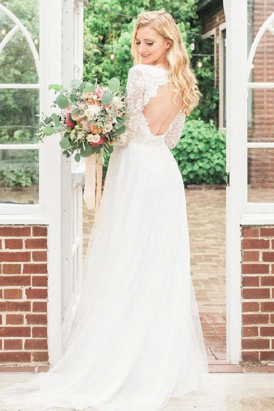 Simple Formal Dress Long Sleeve Chiffon Tulle Lace Wedding Dress-715284