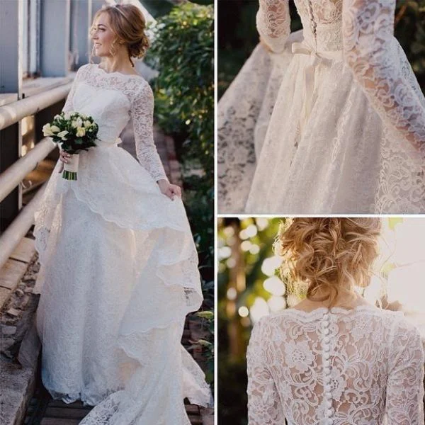 Tulle Gown Long Sleeve High Neck Layered High Low Lace Gown With Illusion Back-BU_708780 Tulle Gown Long Sleeve High Neck Layered High Low Lace Gown With Illusion Back-BU_708780