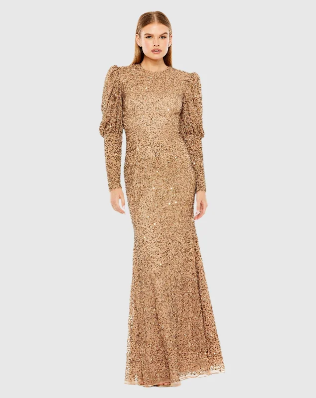 Whimsical Evening Gown Long Sleeve Sequin Puff Sleeve Full Length Gown