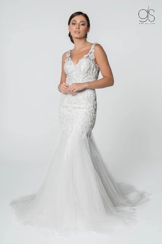 Satin Slip Dress Long Sleeveless V-Neck Mermaid Wedding Gown