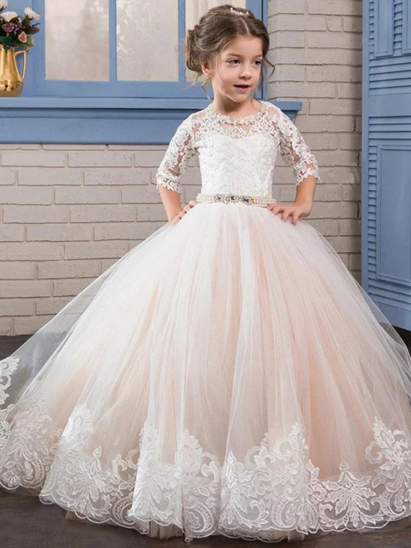 Designer Gown Long Sleeves Floor-Length Embroidered Princess Flower Girl Dresses Jewel Neck Lace Silhouette Formal Kids Pageant Dresses Designer Gown Long Sleeves Floor-Length Embroidered Princess Flower Girl Dresses Jewel Neck Lace Silhouette Formal Kids Pageant Dresses