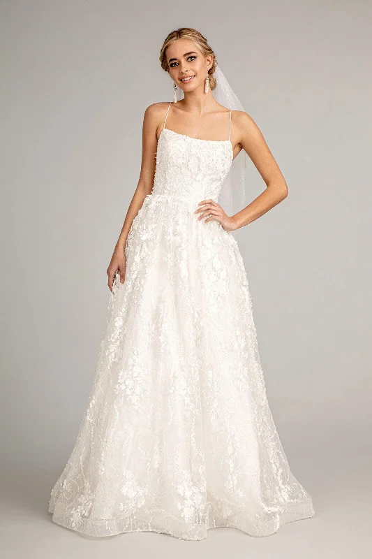 Timeless Satin Dress Long Spaghetti Strap Floral Mesh Wedding Dress