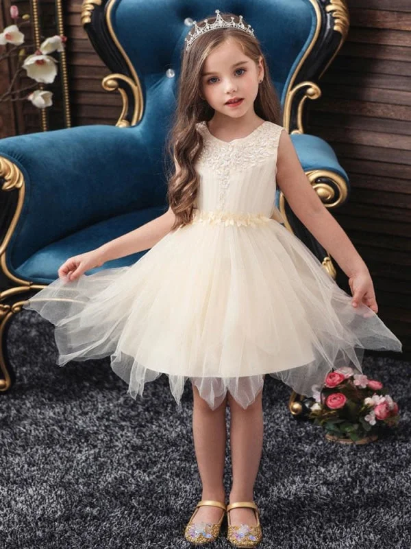 Princess Ball Gown Lovely Princess Silhouette Flower Girl Dresses Jewel Neck Sleeveless Knee-Length Kids Social Party Dress