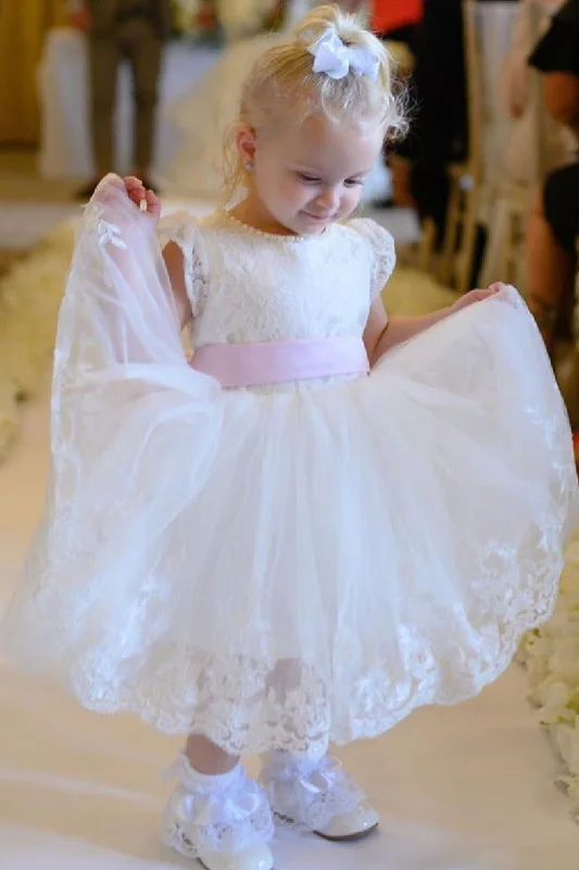 Evening Gown Lovely Toddler White Flower Girl Dress with Pink Bow