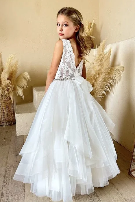 Draped Formal Dress Lovely White Lace Girl Party Dress V Back