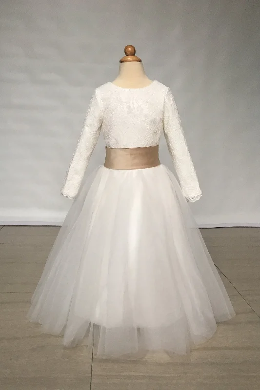 Sequin Maxi Dress lvory Lace Long Sleeve Flower Girl Dress with Belt
