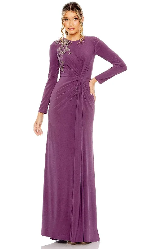 Drape Sleeve Dress Mac Duggal 42106 - Jewel Neck Floral Appliqued Evening Gown