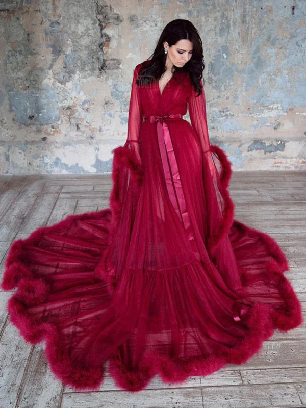 Glamorous Formal Dress Maternity Wedding Dress Burgundy V-Neck Long Sleeves Tulle Long Bridge Gowns With Train Glamorous Formal Dress Maternity Wedding Dress Burgundy V-Neck Long Sleeves Tulle Long Bridge Gowns With Train