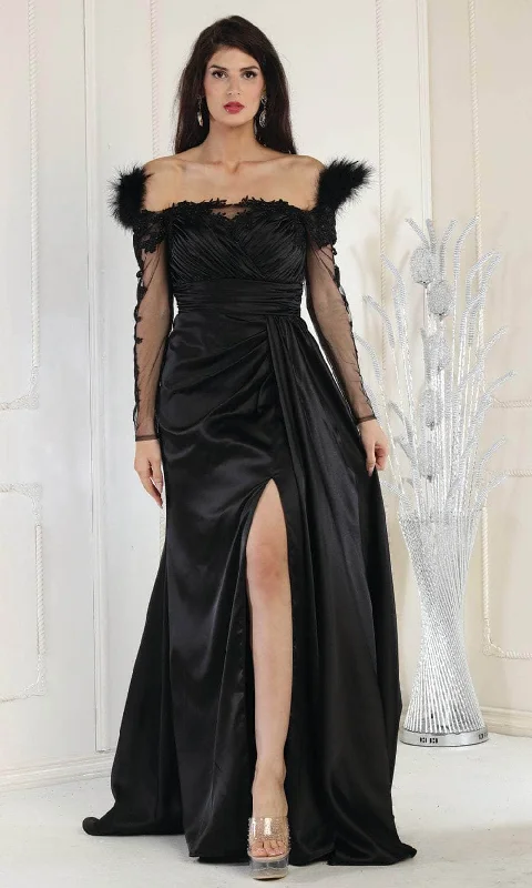Metallic Formal Dress May Queen RQ8002 - Off-Shoulder Feather Detail Evening Dress