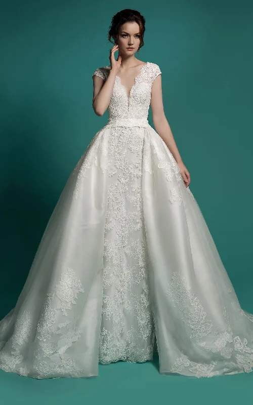 Metallic Formal Dress Mermaid Floor-Length V-Neck Cap-Sleeve Zipper Lace Dress With Sash And Detachable Train-714203 Metallic Formal Dress Mermaid Floor-Length V-Neck Cap-Sleeve Zipper Lace Dress With Sash And Detachable Train-714203