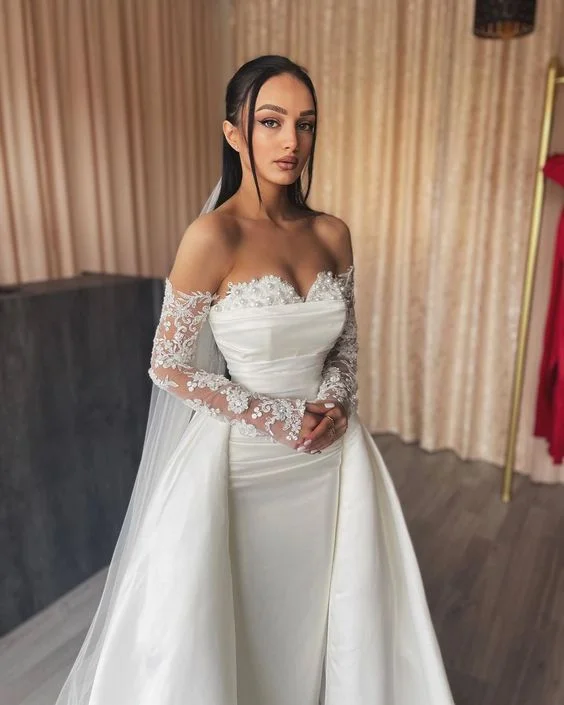Dainty Chiffon Dress Mermaid Wedding Dresses With Detachable Skirt Sweetheart Long Sleeves Beaded With Pearls Wedding Dress fg4119 Dainty Chiffon Dress Mermaid Wedding Dresses With Detachable Skirt Sweetheart Long Sleeves Beaded With Pearls Wedding Dress fg4119