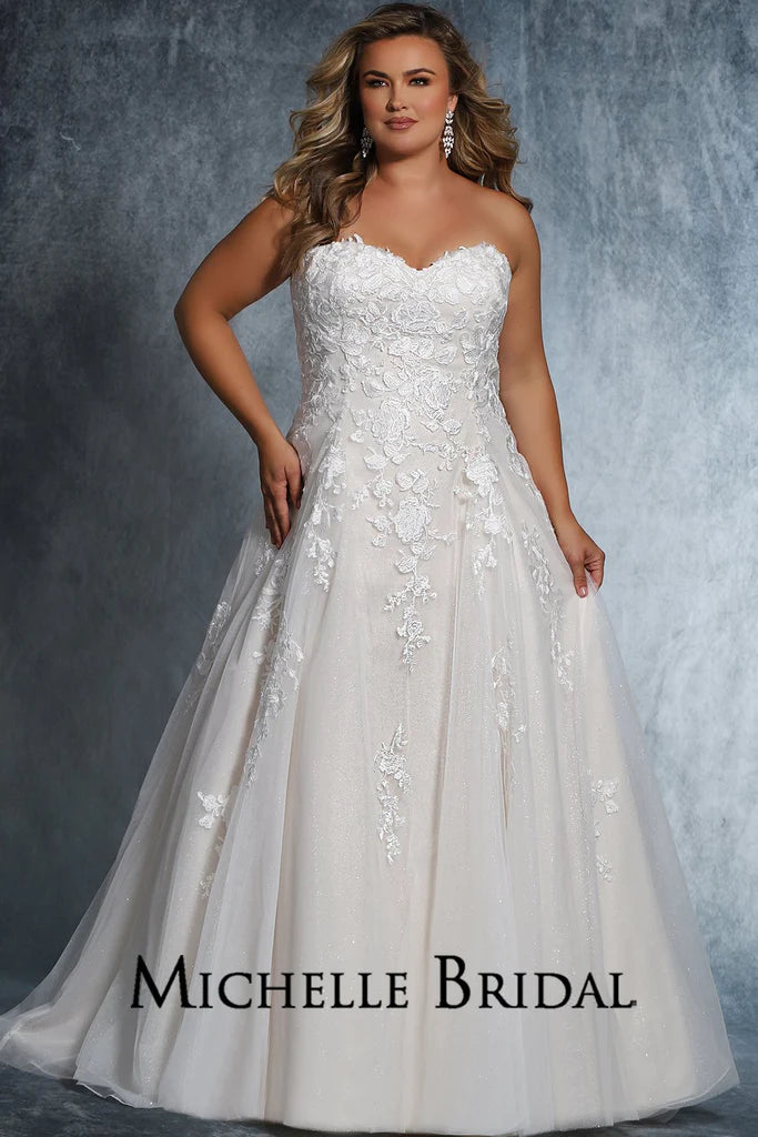 Timeless Satin Dress Michelle Bridal For Sydney's Closet MB2113 Slim A-Line Silhouette Strapless Optional Straps Sweetheart Neckline Bridal Tulle Layered Over Sparkle Tulle Organza Floral Lace Appliques With Clear Sequins Plus Size "Dolly" Bridal Gown Timeless Satin Dress Michelle Bridal For Sydney's Closet MB2113 Slim A-Line Silhouette Strapless Optional Straps Sweetheart Neckline Bridal Tulle Layered Over Sparkle Tulle Organza Floral Lace Appliques With Clear Sequins Plus Size "Dolly" Bridal Gown