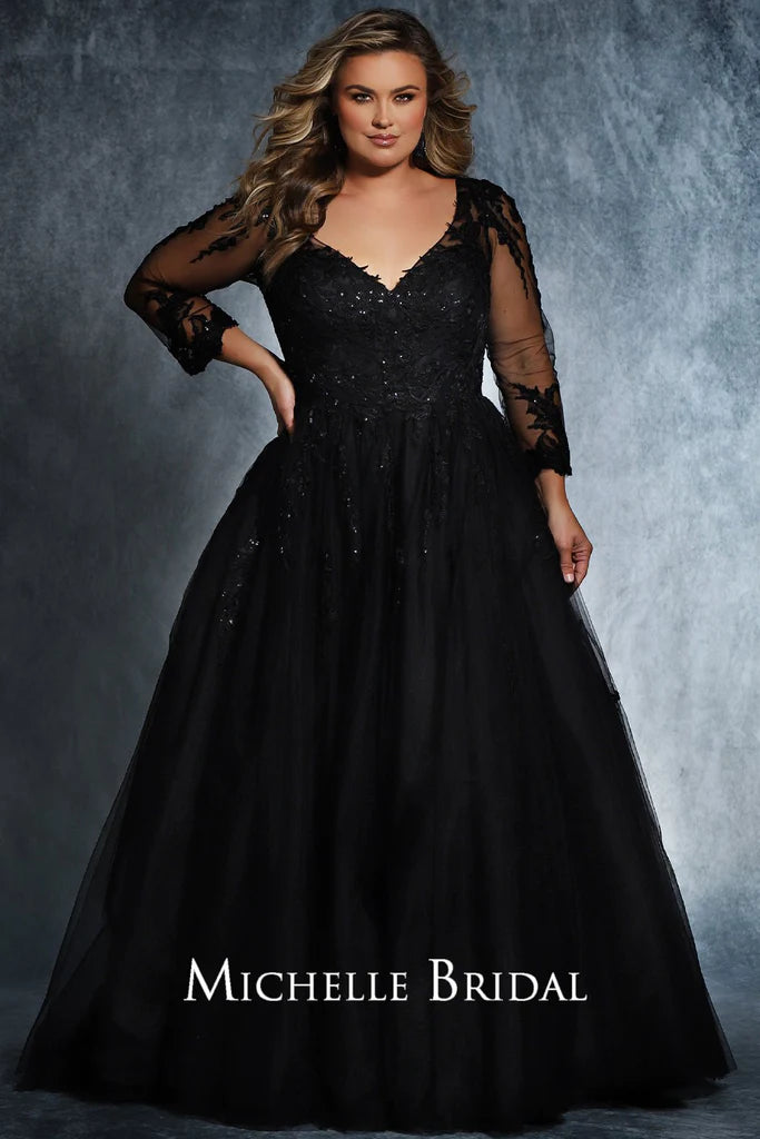 Chic Maxi Dress Michelle Bridal For Sydney's Closet MB2118 Ball Gown Silhouette Embroidered Lace Appliques With Sequins V-Neck Long Sleeves Plus Size "Madonna" Bridal Gown Chic Maxi Dress Michelle Bridal For Sydney's Closet MB2118 Ball Gown Silhouette Embroidered Lace Appliques With Sequins V-Neck Long Sleeves Plus Size "Madonna" Bridal Gown