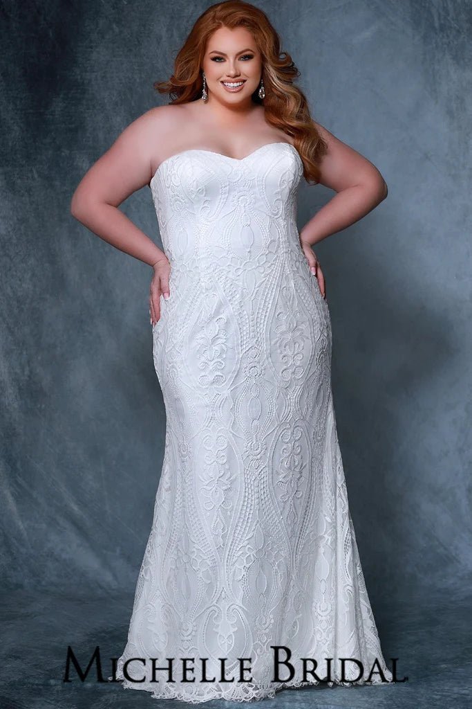 Fitted Formal Dress Michelle Bridal For Sydney's Closet MB2203 Fitted Silhouette Optional Lace Straps Contemporary Crochet Stretch Lace Ivory Tulle Plus Size "Margaux" Bridal Gown