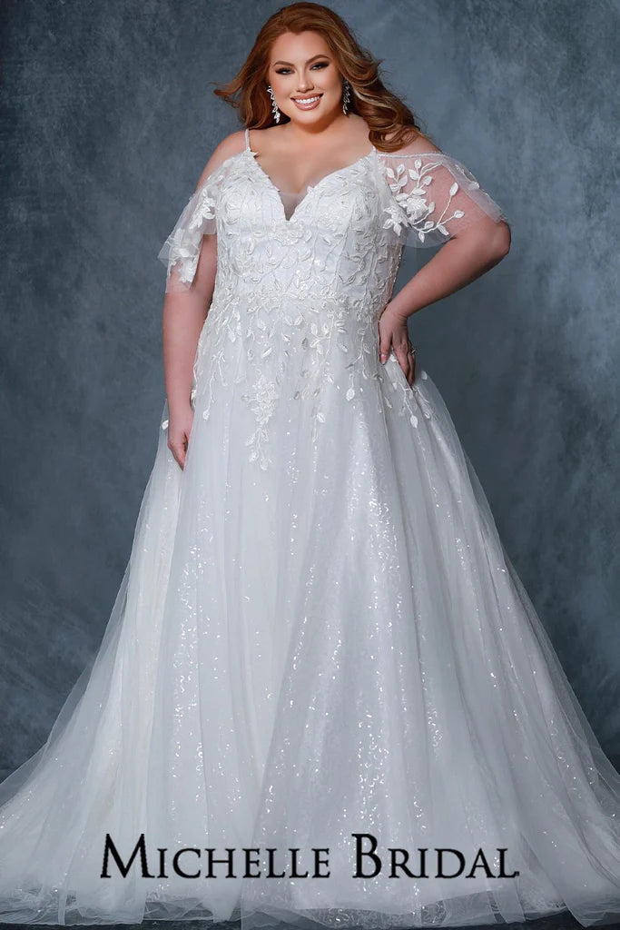 Sequin Maxi Dress Michelle Bridal For Sydney's Closet MB2218 A-Line Silhouette V-Neck Natural Waistline Spaghetti Straps With Beading Off The Shoulder Flutter Sleeve With Elastic Band Tulle And Lace Appliques Plus Size "Delphine" Bridal Gown Sequin Maxi Dress Michelle Bridal For Sydney's Closet MB2218 A-Line Silhouette V-Neck Natural Waistline Spaghetti Straps With Beading Off The Shoulder Flutter Sleeve With Elastic Band Tulle And Lace Appliques Plus Size "Delphine" Bridal Gown