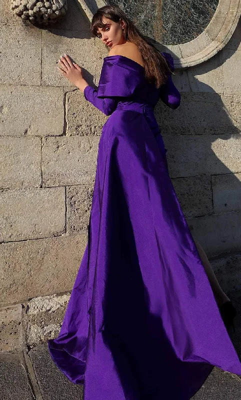 Statement Sleeve Dress MNM Couture K4030 - V-Neck Side Overskirt Cocktail Dress