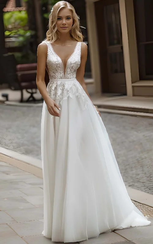 Designer Gown Modern Elegant Plunging Neckline A-Line Boho Lace Wedding Dress Beach Floral Appliqued Low Back Sweep Train Bridal Gown Designer Gown Modern Elegant Plunging Neckline A-Line Boho Lace Wedding Dress Beach Floral Appliqued Low Back Sweep Train Bridal Gown