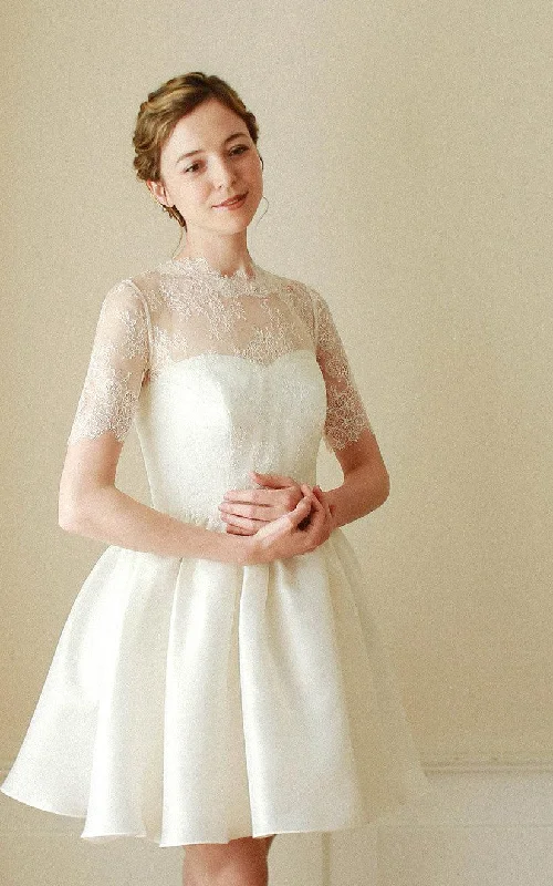 Vintage Gown Modest Elegant Short High Neck A-Line Boho Wedding Dress Floral Romantic Mini Lace Satin Button Back Bridal Gown Vintage Gown Modest Elegant Short High Neck A-Line Boho Wedding Dress Floral Romantic Mini Lace Satin Button Back Bridal Gown