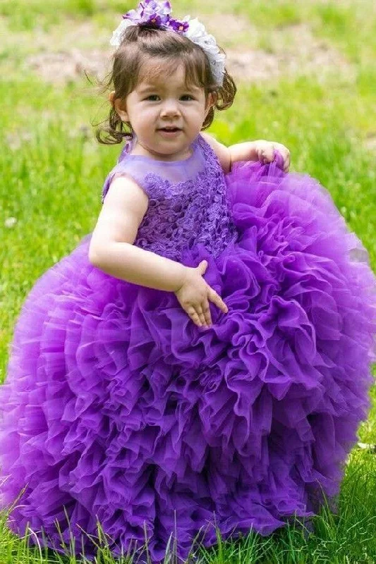 Lush Satin Gown Multi Tiers Tulle Lace Ball Gown for Kids Wedding Party Dress Purple Lush Satin Gown Multi Tiers Tulle Lace Ball Gown for Kids Wedding Party Dress Purple