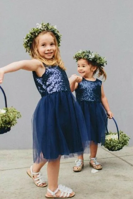 Off-White Gown Navy Blue Sequin Tulle Children Flower Girl Dresses Knee Length