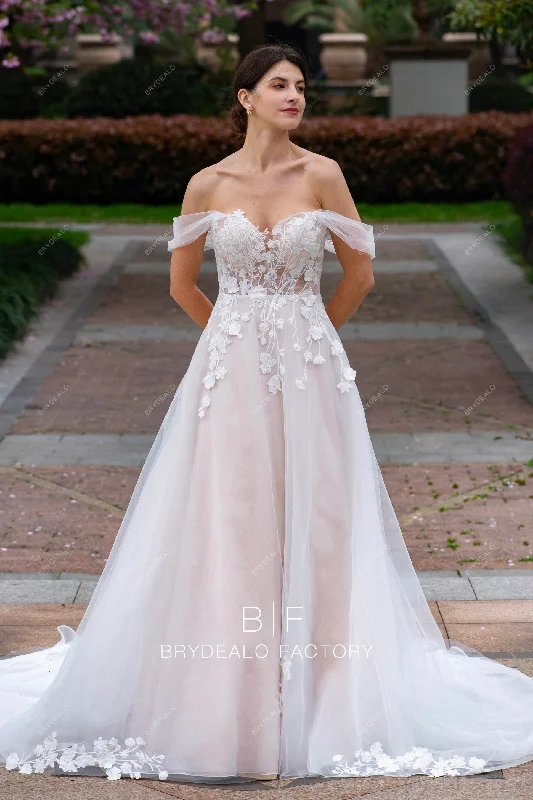 Fancy Embellished Dress Romantic Off Shoulder Flower Lace Nude Garden A-line Wedding Dress Fancy Embellished Dress Romantic Off Shoulder Flower Lace Nude Garden A-line Wedding Dress