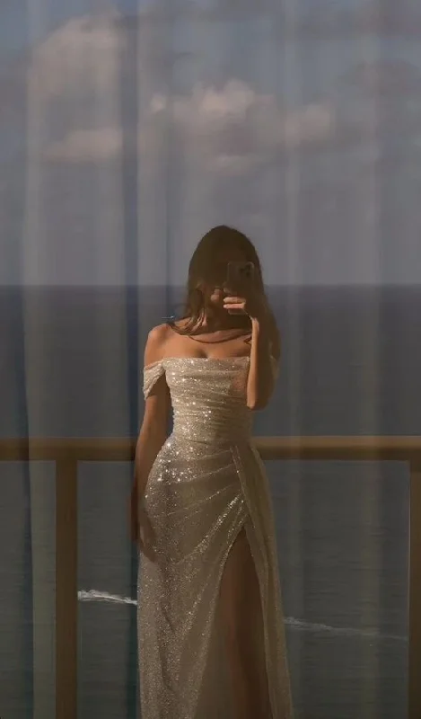 Taffeta Dress Off Shoulder White Sequin Side Slit Long Evening Prom Dresses, Cheap Sequin Wedding Dresses fg4934 Taffeta Dress Off Shoulder White Sequin Side Slit Long Evening Prom Dresses, Cheap Sequin Wedding Dresses fg4934