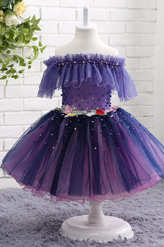 Ruffled Dress Cute Toddler A-line Off Shoulder Purple Flower Girl Dress