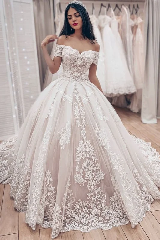 Formal Attire Ball Gown Wedding Dresses Off Shoulder Chapel Train Lace Tulle Short Sleeve Formal Luxurious with Appliques fg5397 Formal Attire Ball Gown Wedding Dresses Off Shoulder Chapel Train Lace Tulle Short Sleeve Formal Luxurious with Appliques fg5397