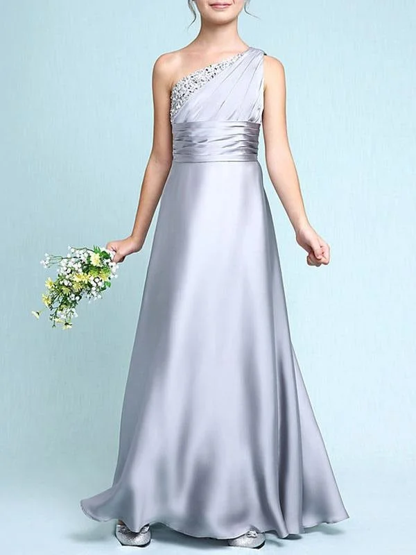 Embroidered Gown One Shoulder Elastic Satin Flower Girl Dresses Sliver Sleeveless A Line Beaded Kids Party Dresses