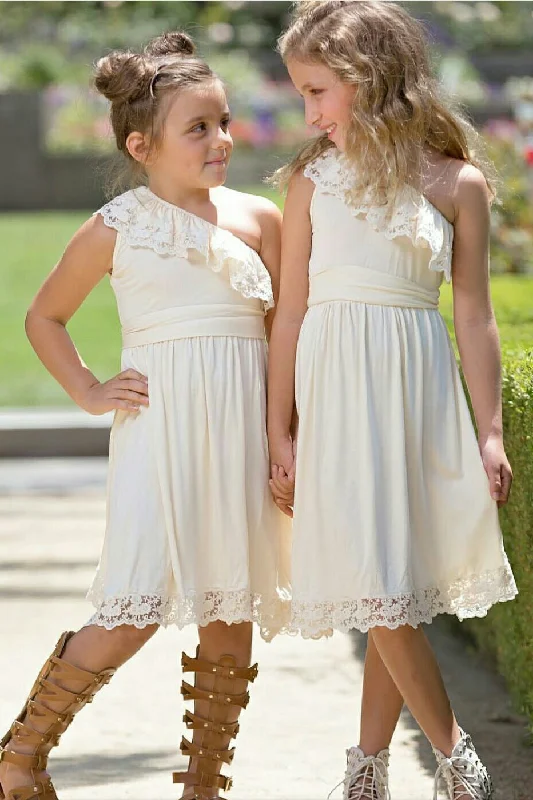 Ball Gown One Shoulder Ivory Flower Girl Dress with Lace Ruffles
