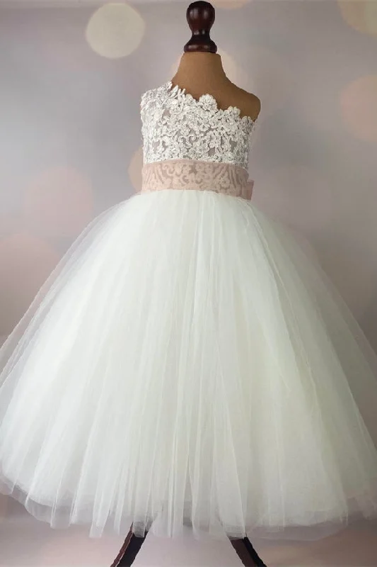 Puffy Sleeve Dress One Shoulder Ivory Tea Length Long Flower Gril Dress
