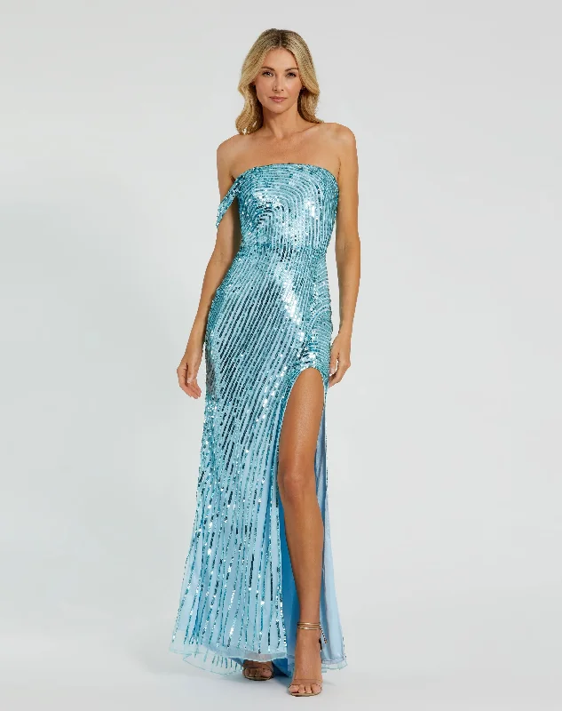 Elegant Beaded Dress Blue One Shoulder Mesh Sequin Gown With Slit