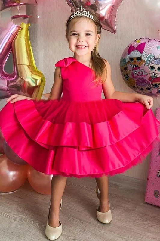 Strapless Gown One Shoulder Satin Bow Kids Fuchsia Puffy Layers Flower Girl Dresses