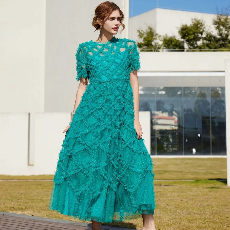 Long Sleeve Dress Opulent Crew Neck Sheer Sleeve High Waist A Line Dotted Tulle Ruffle Maxi Dress
