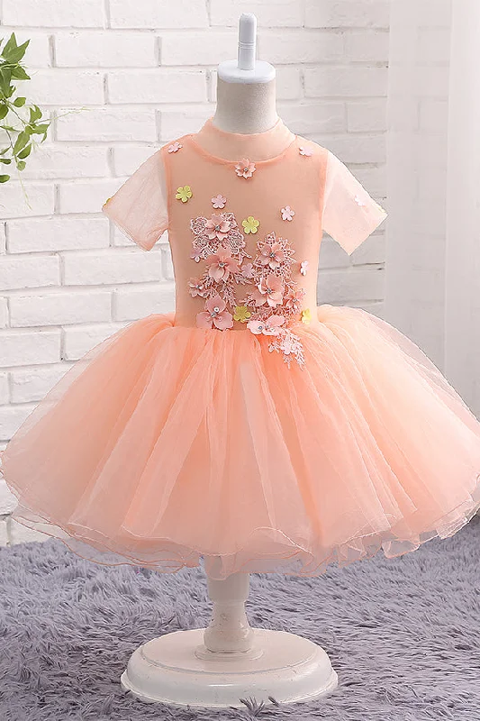 Sheer Panel Dress Peach Appliques Tutu Dress, Flower Girl Dress