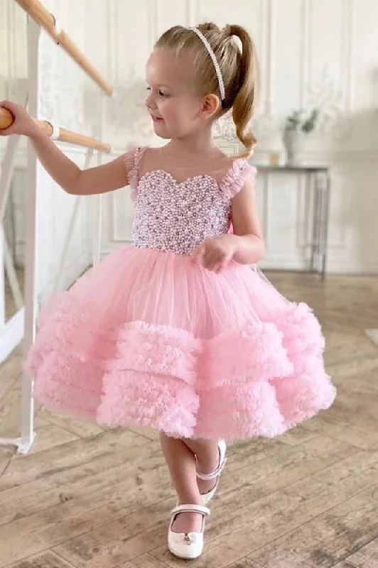 Velvet Evening Dress Pearl Beaded Puffy First Communion Gown Flower Girl Dresses