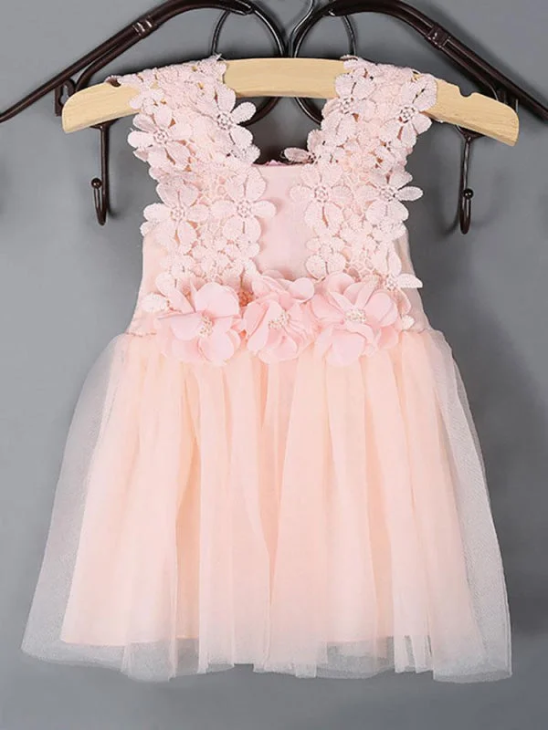 Bow Detail Dress Pearl Pink Lace Applique Tutu Flower Girl Dresses Short Beading Kids Dinner Party Dresses