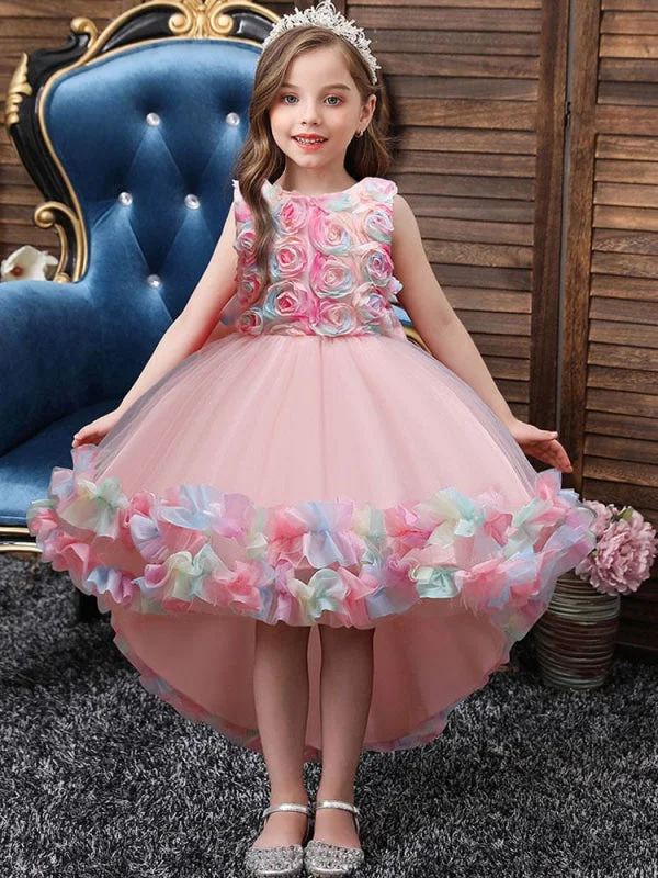 Draped Gown Pink 3D Floral Hi-Lo Flower Girl Dresses Sleeveless Sleeveless Tulle Formal Kids Dress